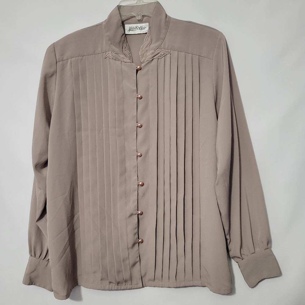 Vintage Style Yves St. Clair Pintuck Pleated Blouse Pearl Buttons Taupe 12